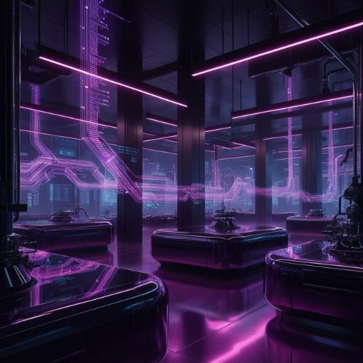 Salão futurista em tons de roxo neon com telas holográficas brilhantes e elegantes assentos pretos.