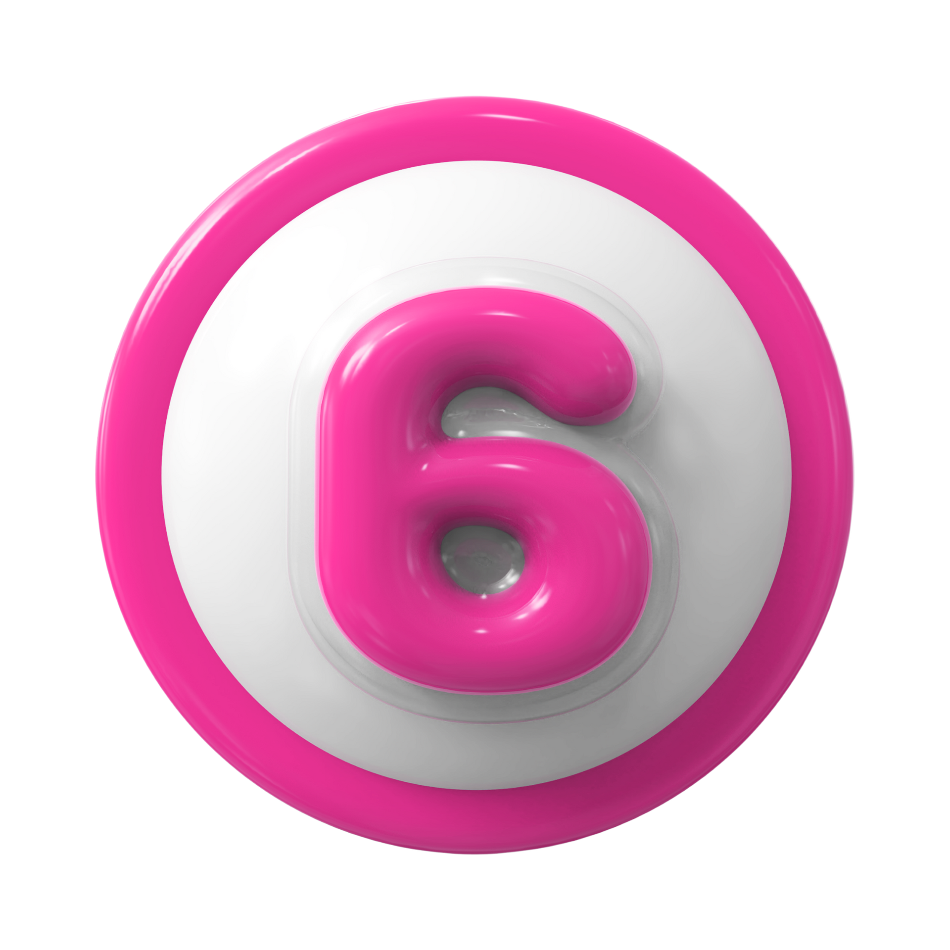 Número 6 rosa em um botão circular branco com borda magenta.
