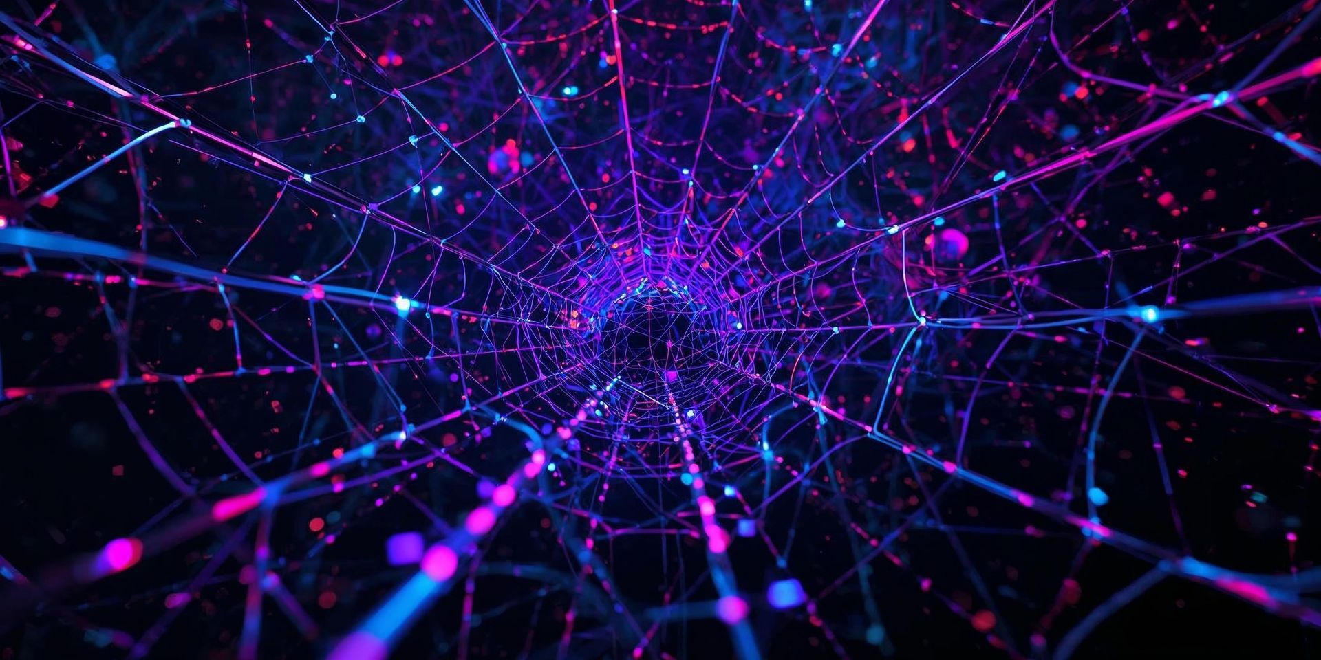 Rede abstrata de néon com linhas e nós brilhantes em tons de roxo e azul sobre um fundo escuro.