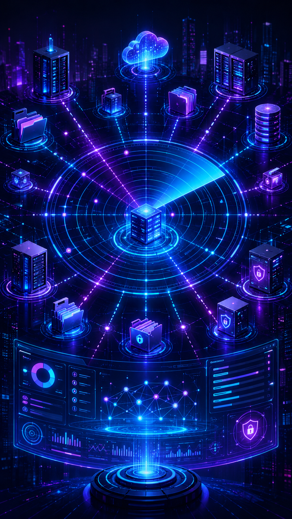 Rede digital futurista em tons de azul neon e roxo, com anéis holográficos brilhantes e nós de dados interconectados.