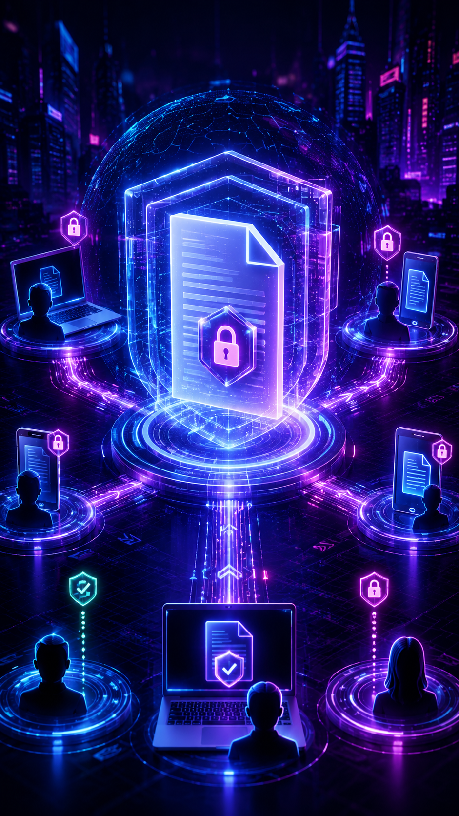 Ilustração de cibersegurança em néon brilhante com um cadeado central e figuras digitais em plataformas conectadas.
