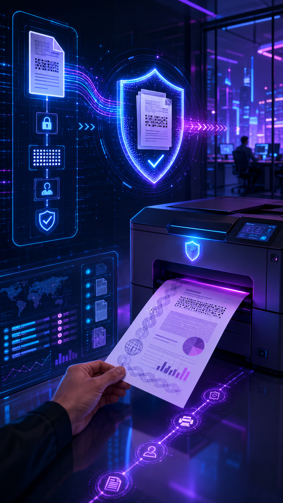 Mão inserindo um documento em um scanner futurista iluminado em um escritório de cibersegurança com iluminação neon.