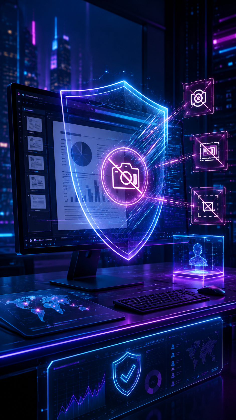 Escudo digital brilhante sobre um laptop com ícones de cibersegurança em um data center roxo neon.