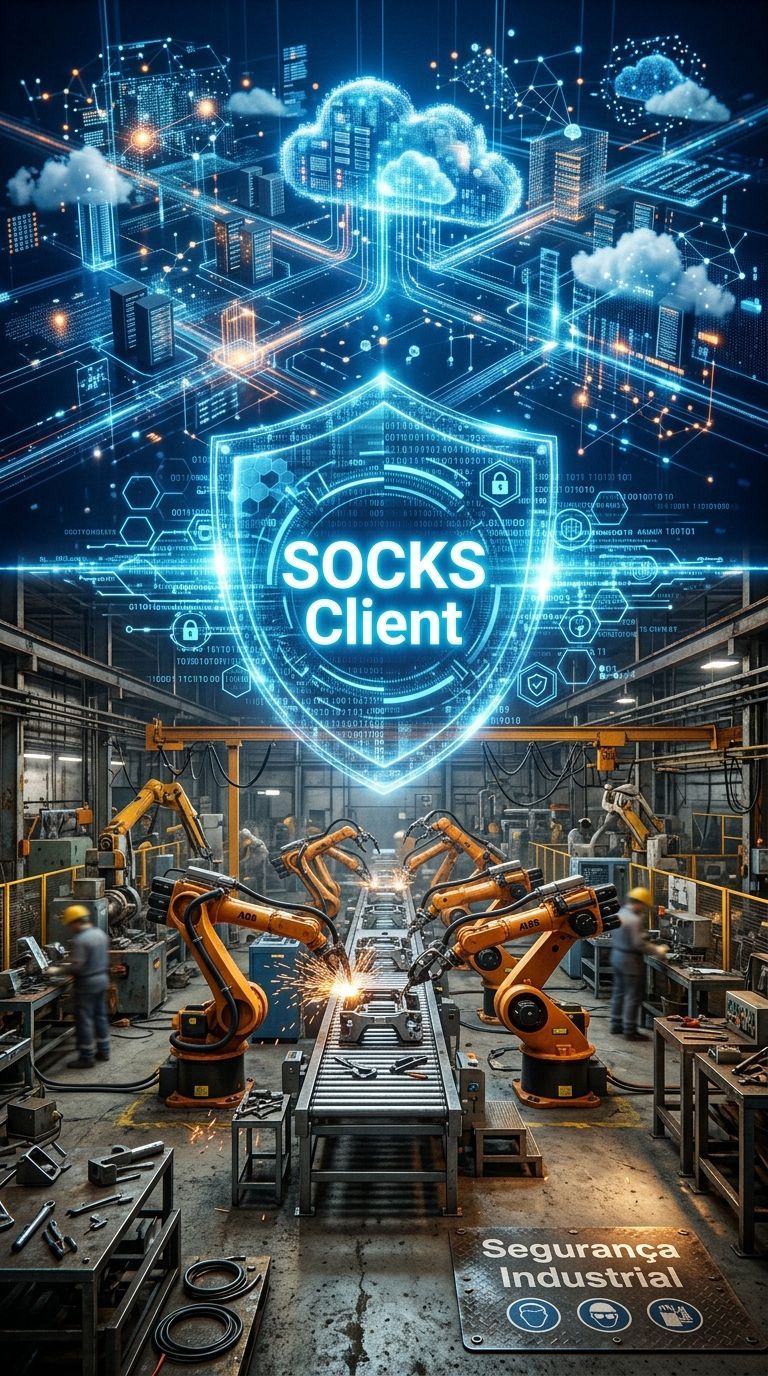 Escudo do cliente SOCKS brilhante acima de uma fábrica futurista com braços robóticos e gráficos de rede azuis.