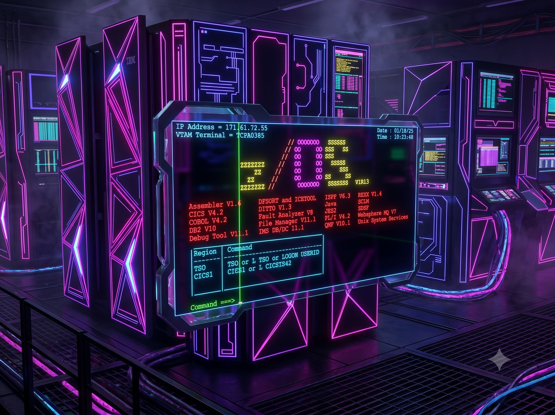 Configuração futurista de computador iluminada por néon, com molduras roxas brilhantes e código colorido em várias telas.