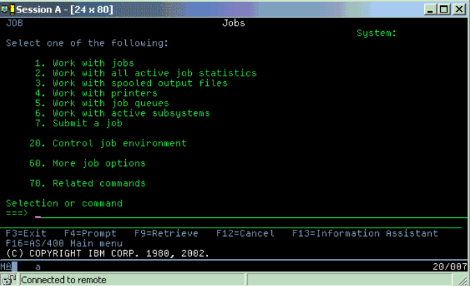 Menu de tela verde do IBM i com opções de trabalho numeradas e prompt de comando sob uma barra de título preta.