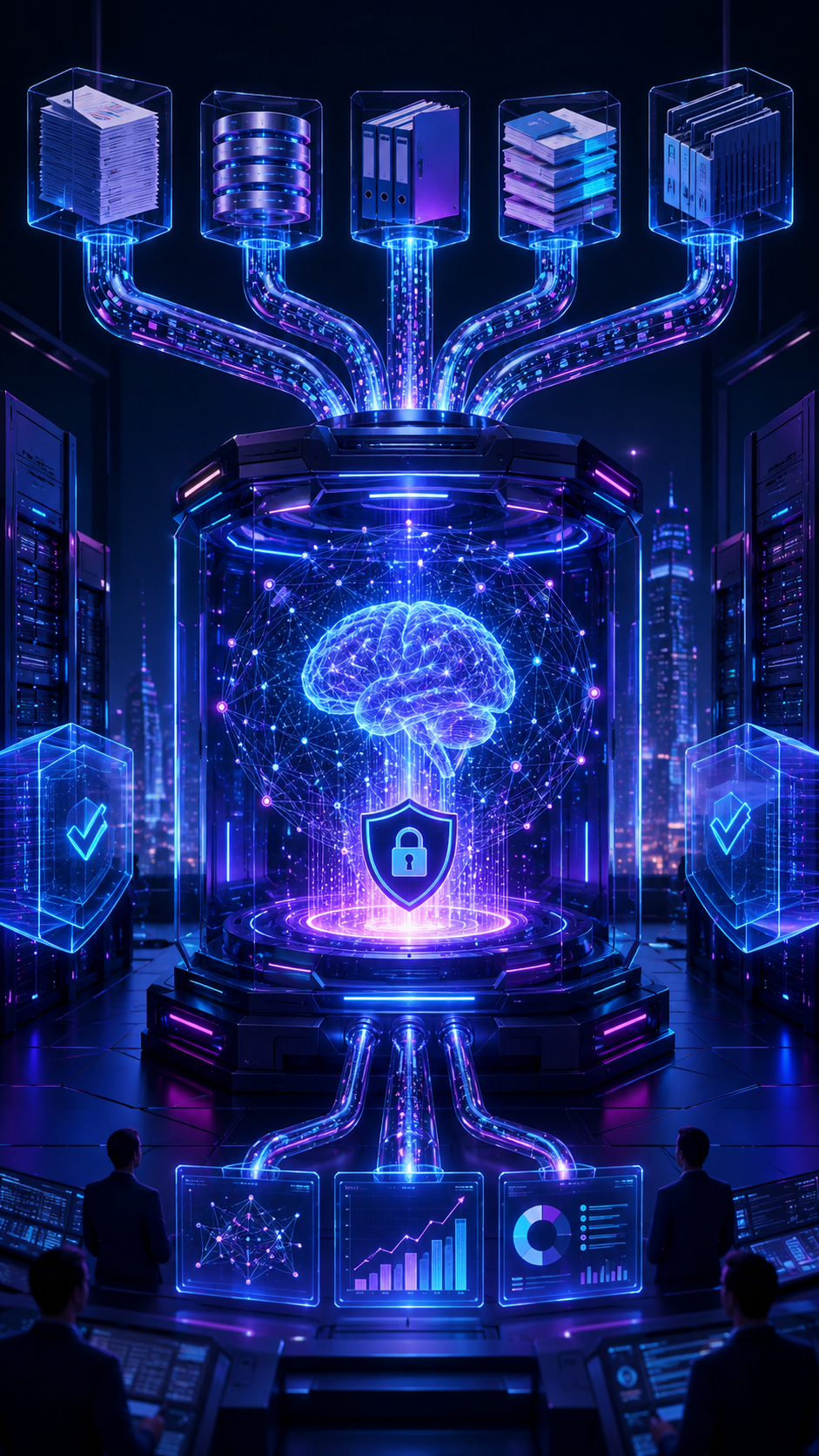 Sala de servidores de IA futurista em tons de azul e roxo, com núcleo brilhante, cérebro digital e ícone de cadeado de segurança.