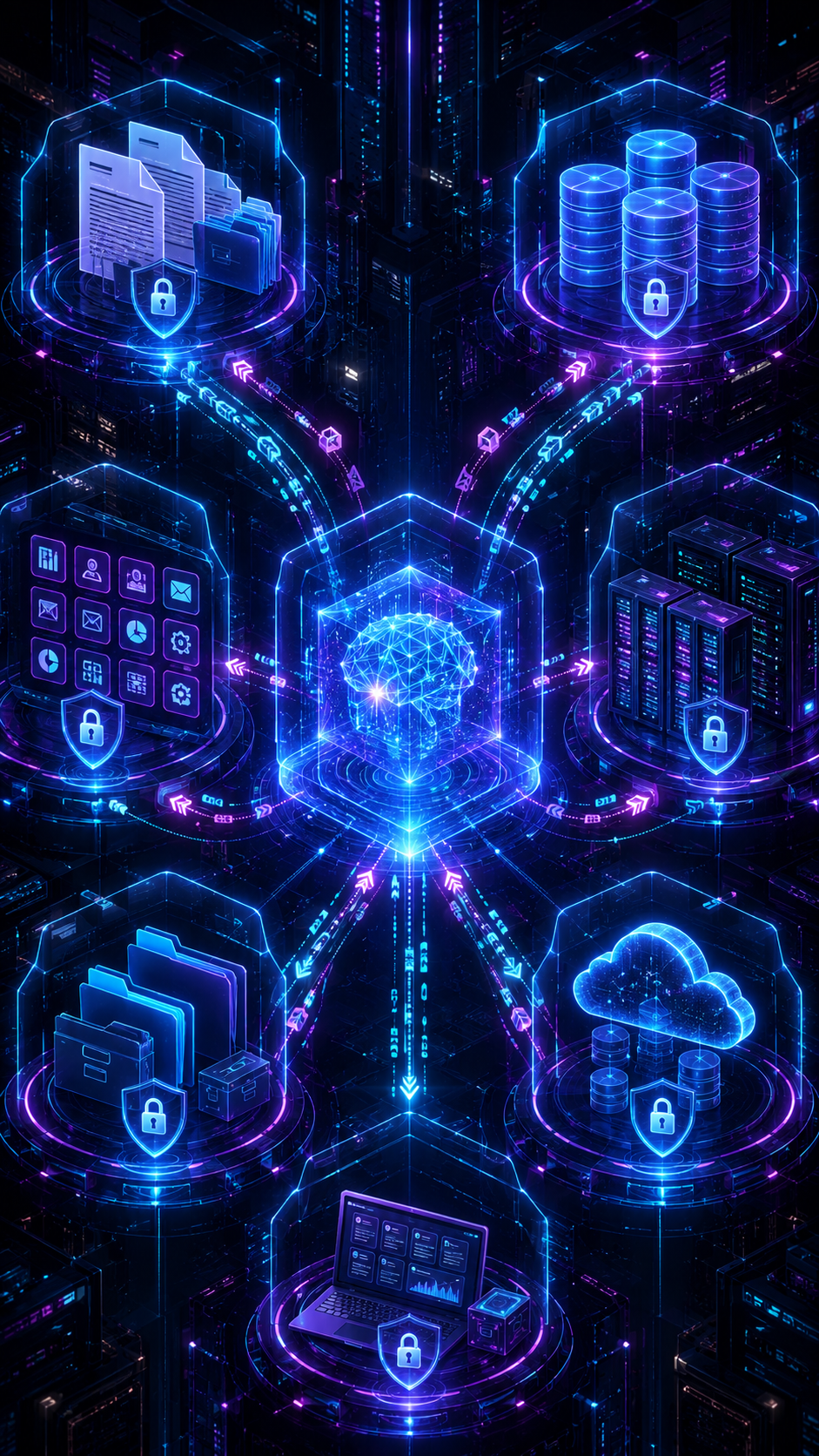 Hub de rede digital azul-neon-roxo com ícones de nuvem e servidor conectados em um fundo escuro.