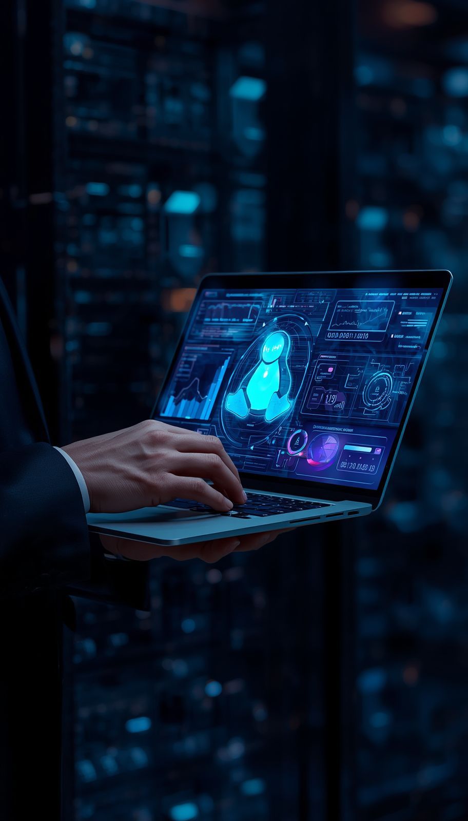 Pessoa digitando em um laptop com uma interface de segurança cibernética azul brilhante em uma sala de servidores escura.