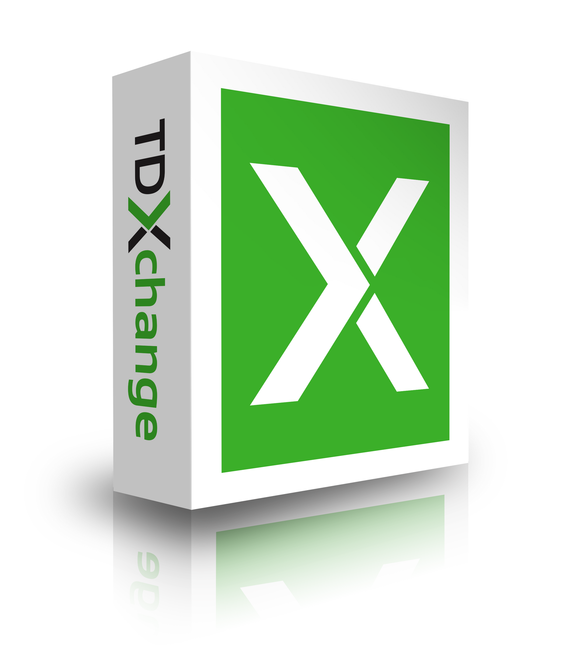 Caixa do software TDXchange com logotipo X verde e texto preto e verde sobre fundo branco.