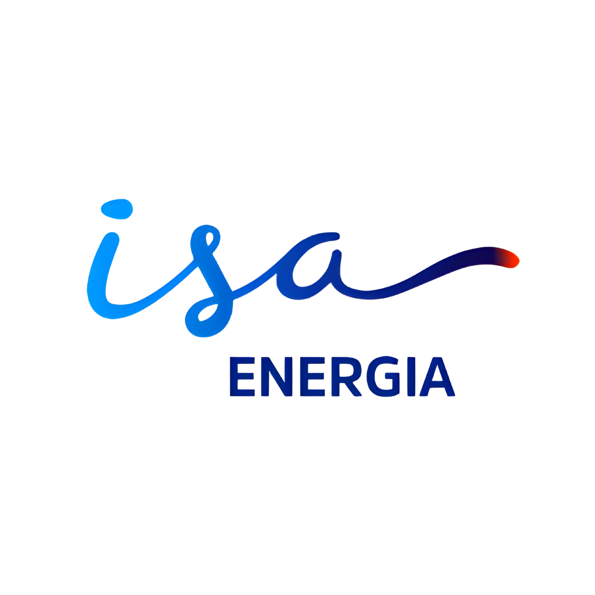 Logotipo da Isa Energia em cursiva azul com detalhes em azul escuro e laranja.