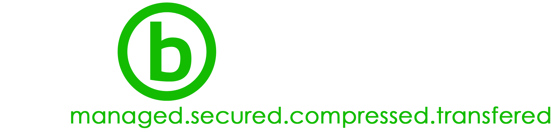 Logotipo circular verde com a letra “b” e o texto “managed.secured.compressed.transferred” abaixo.