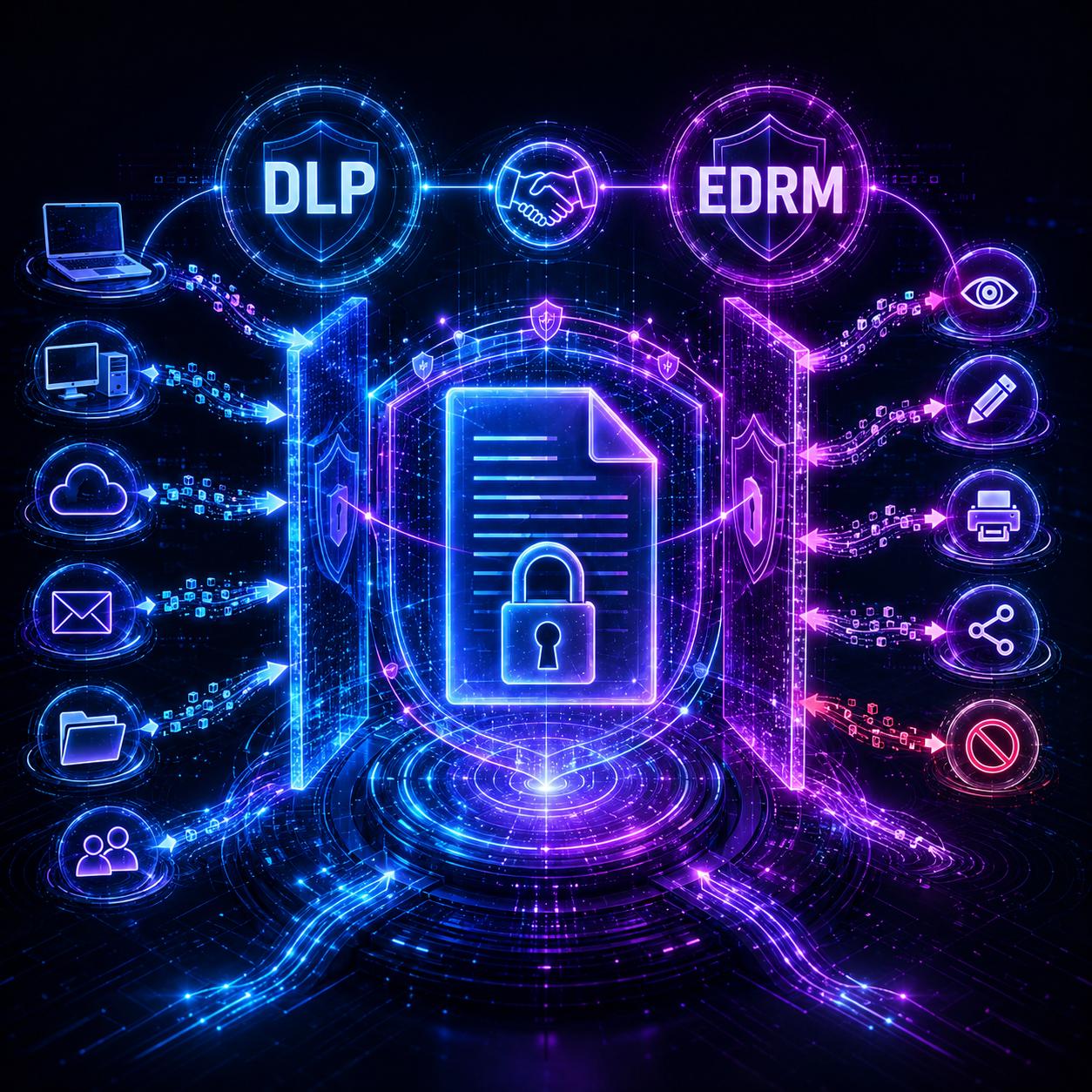 Ilustração de cibersegurança em neon com um documento bloqueado, etiquetas DLP e EDRM e ícones de dados brilhantes.