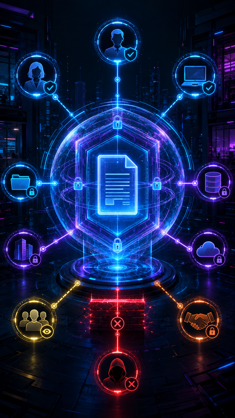 Rede digital neon com ícone de documento brilhante ao centro, cercada por nós tecnológicos circulares interconectados em fundo escuro.