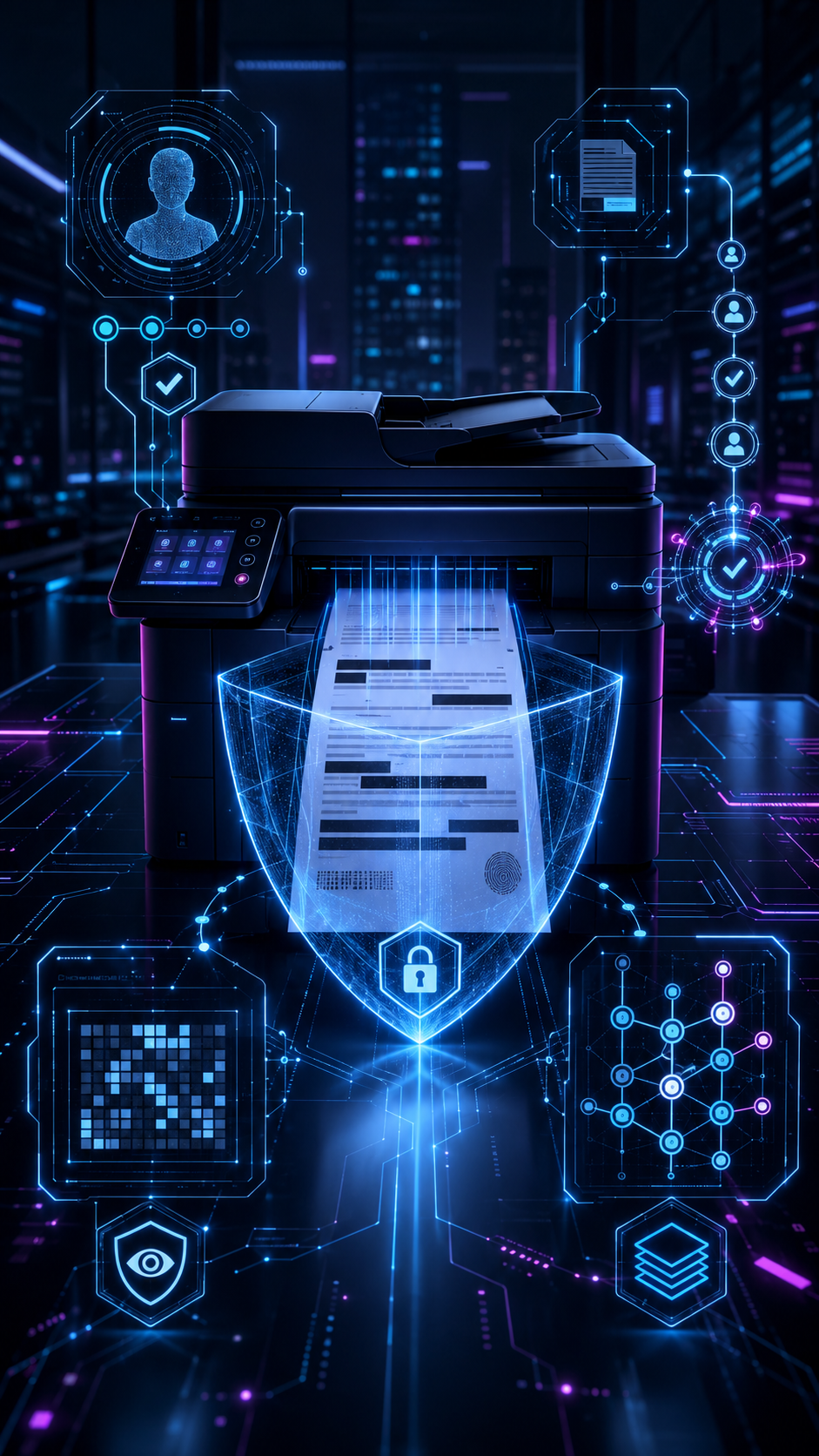 Interface futurista de cibersegurança azul com um escudo central trancado e painéis de dados luminosos sobre um fundo quadriculado escuro.