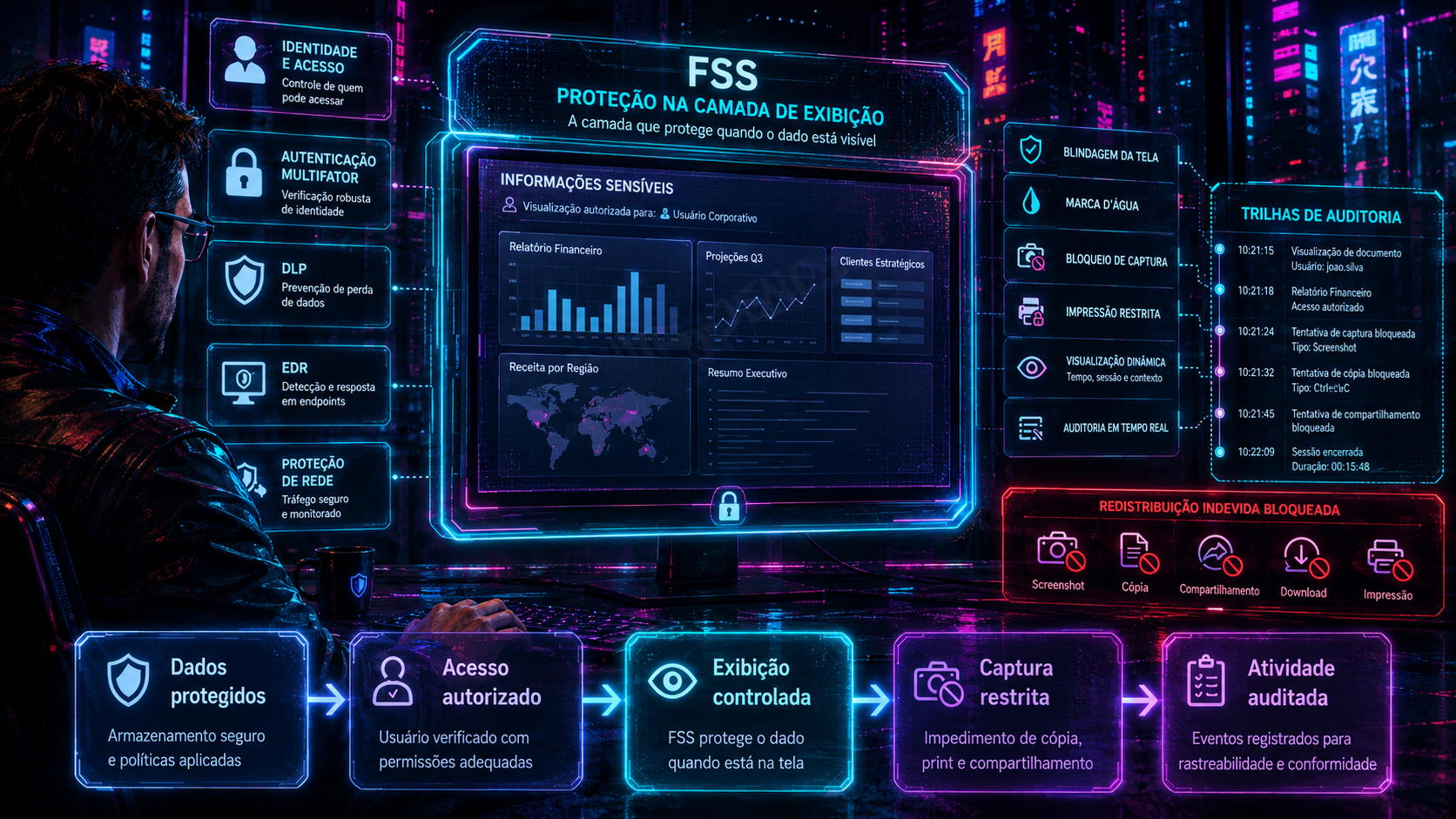 Painel futurista em tons de azul e roxo com gráficos, painéis de dados e widgets de interface do usuário brilhantes sobre um fundo escuro.