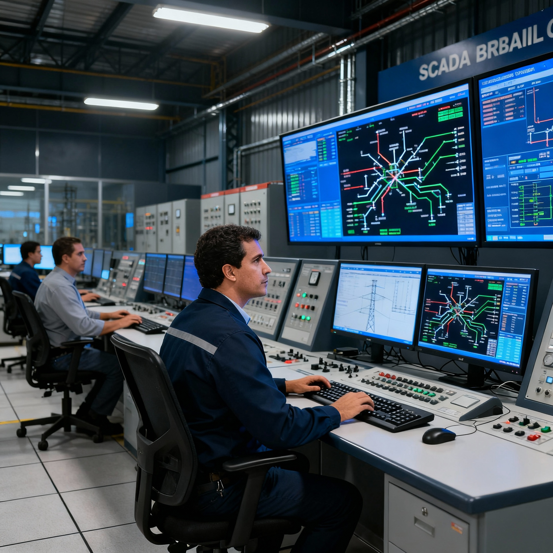 Operadores em um centro de controle monitoram grandes telas que exibem uma rede elétrica com dados e esquemas.