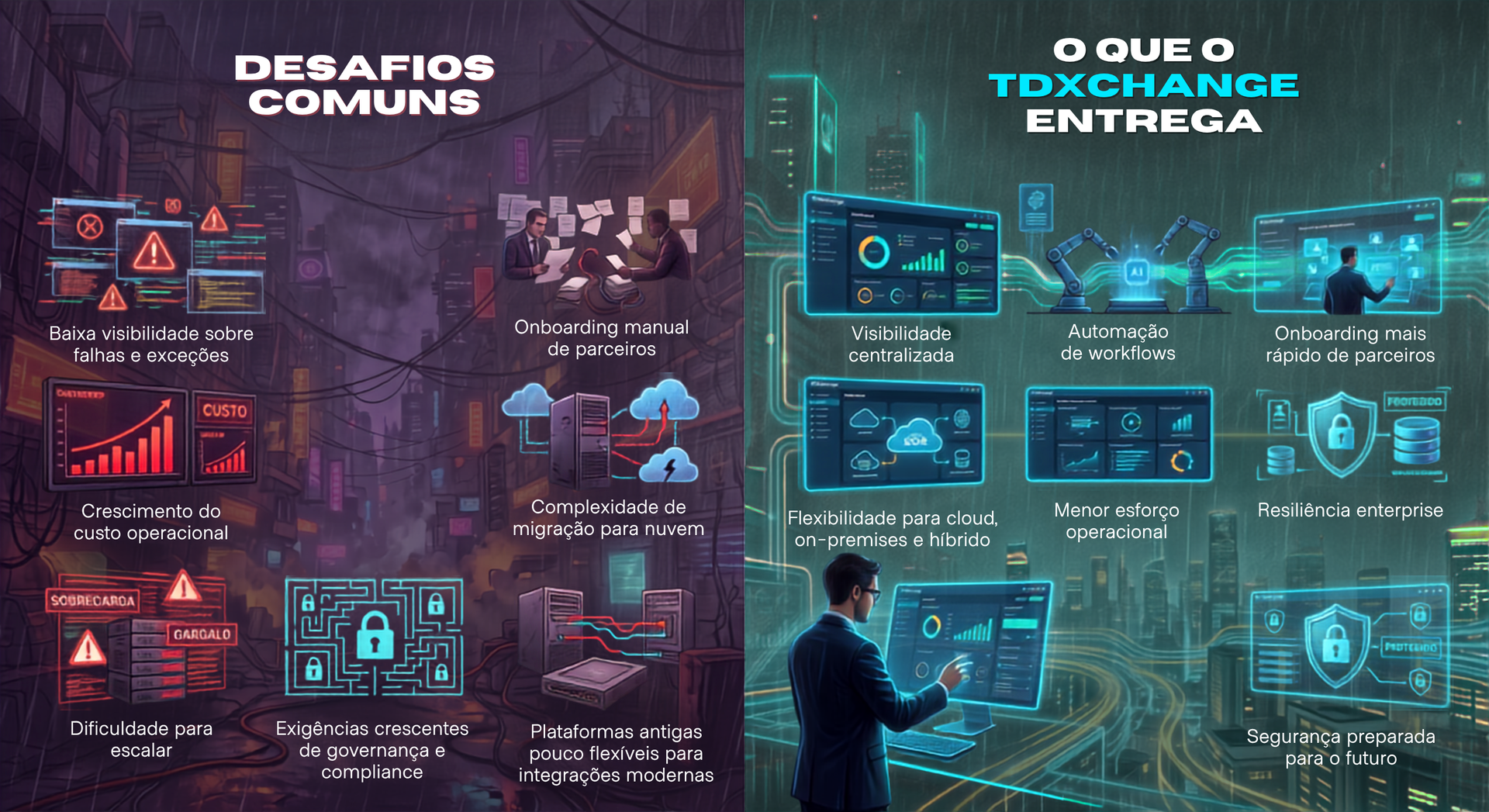 Infográfico dividido em espanhol: vermelho “Desafíos comunes” e azul “Qué tu exchange entrega” com ícones de painel.