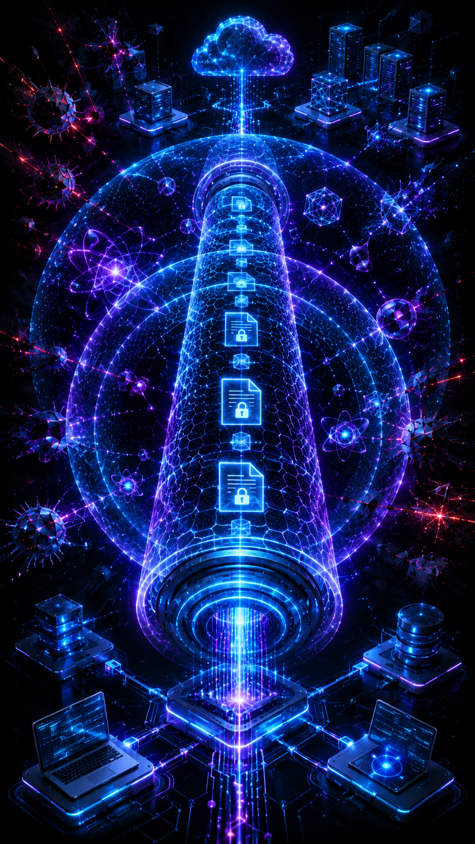 Torre digital de néon brilhante com linhas de circuito e ícones de dados sobre um fundo futurista escuro.