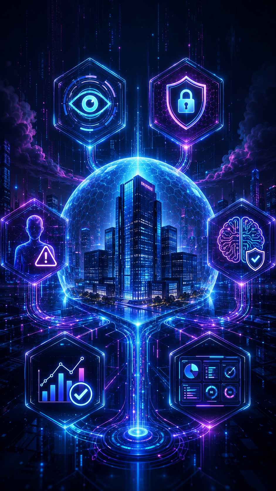 Cidade futurista de néon sob uma cúpula digital, rodeada por ícones de cibersegurança brilhantes em azul e roxo.