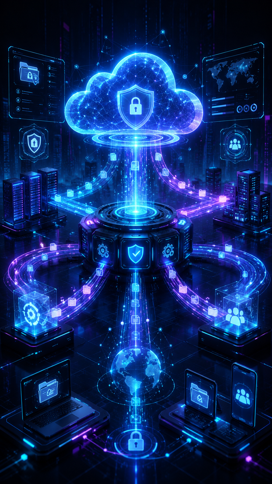 Rede de segurança em nuvem azul brilhante com dispositivos conectados e ícones de escudo sobre um fundo digital escuro.