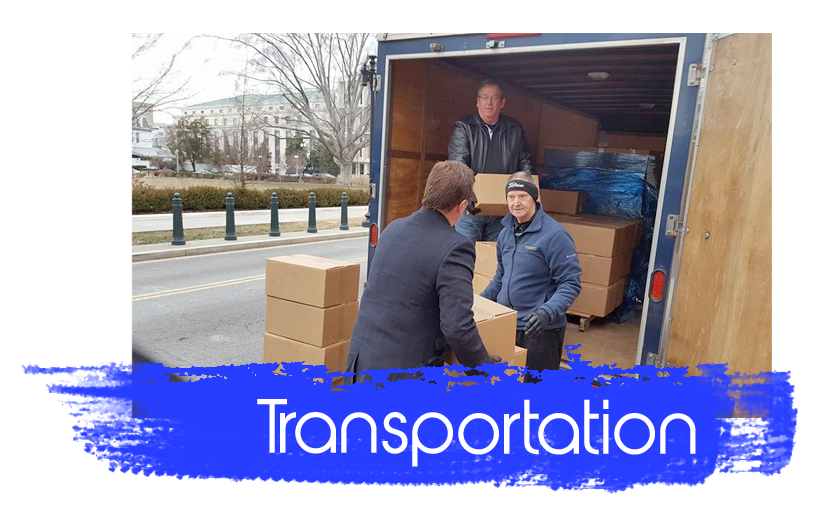 People loading boxes into a truck, with “Transportation” written in blue at the bottom.