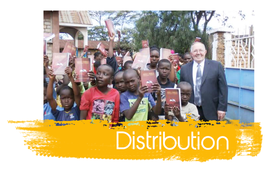 Group holding books with a man in a suit outdoors, “Distribution” text across the bottom.