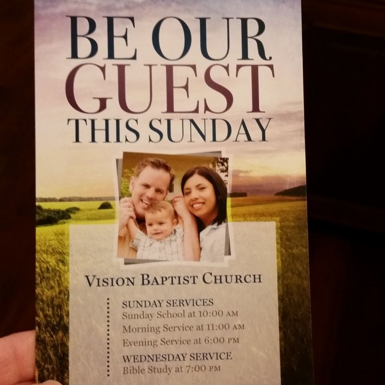 Church flyer inviting “Be Our Guest This Sunday,” with a family photo and service times.
