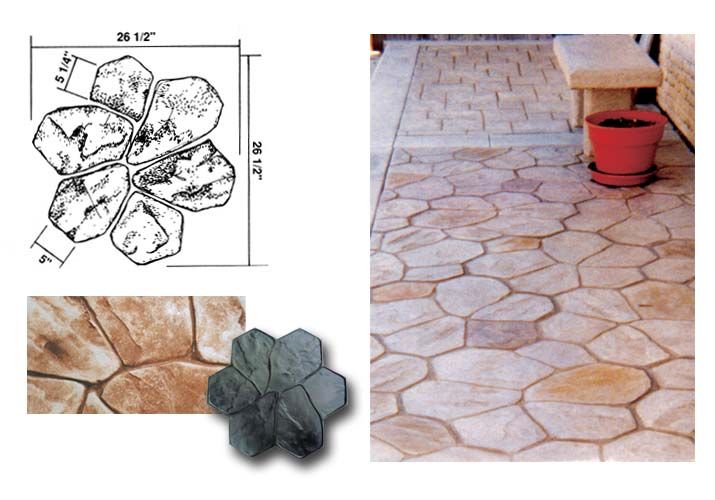 Stamped stone patio with irregular tan pavers and a red planter