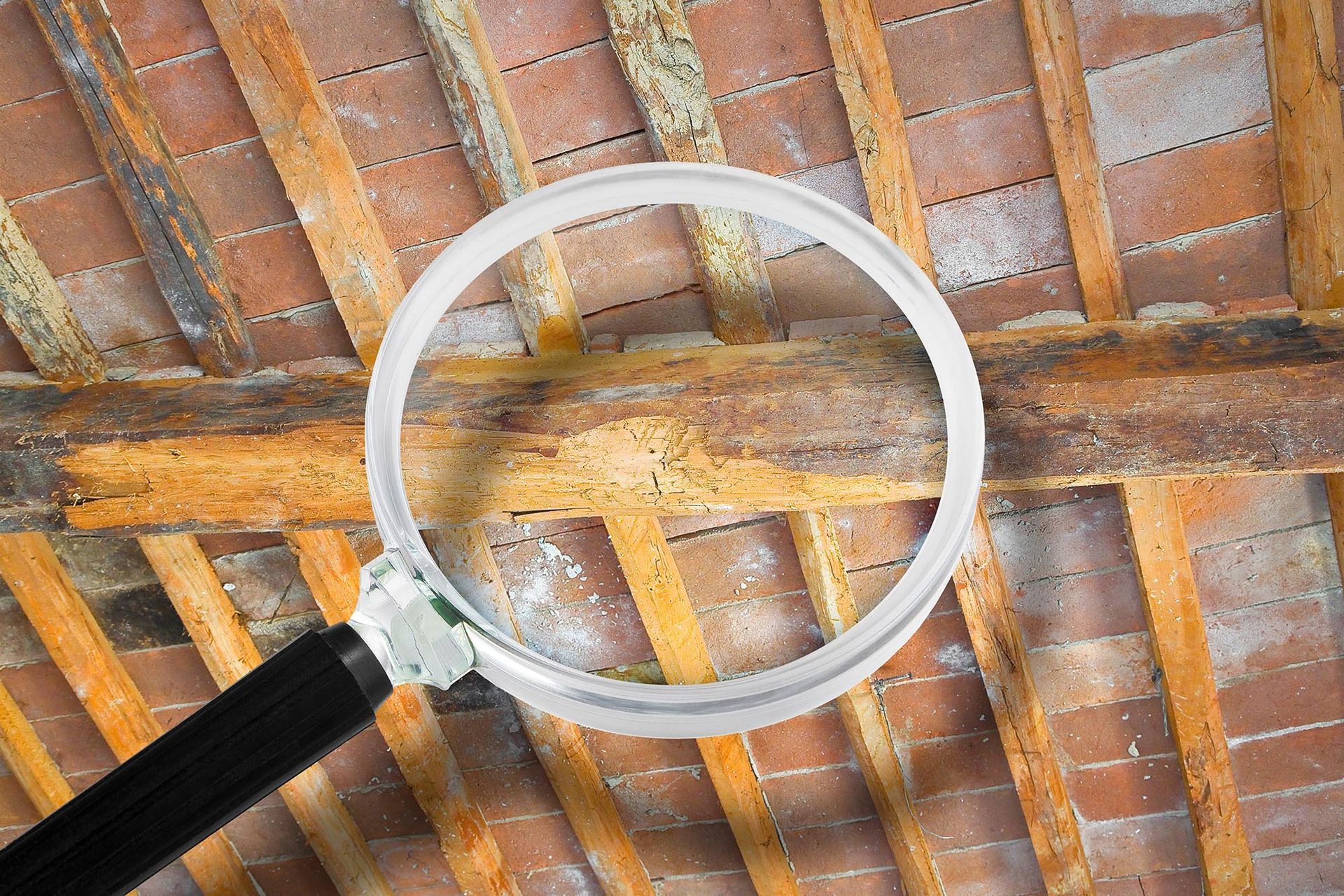 Magnifying glass inspecting wooden ceiling beams and brick tiles from below