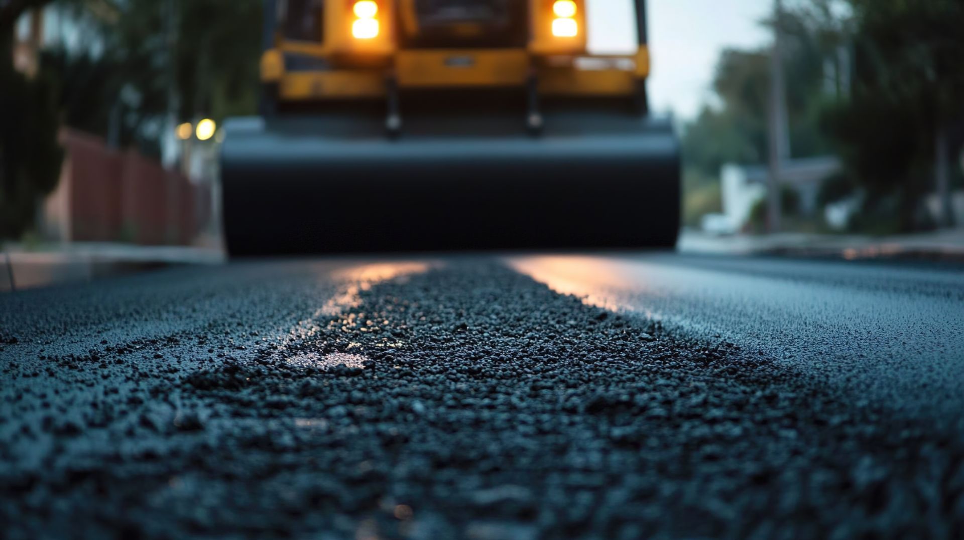 Newly paved asphalt driveway leading to a modern suburban house with a green lawn. A road roller compacts commercial asphalt paving at dusk.