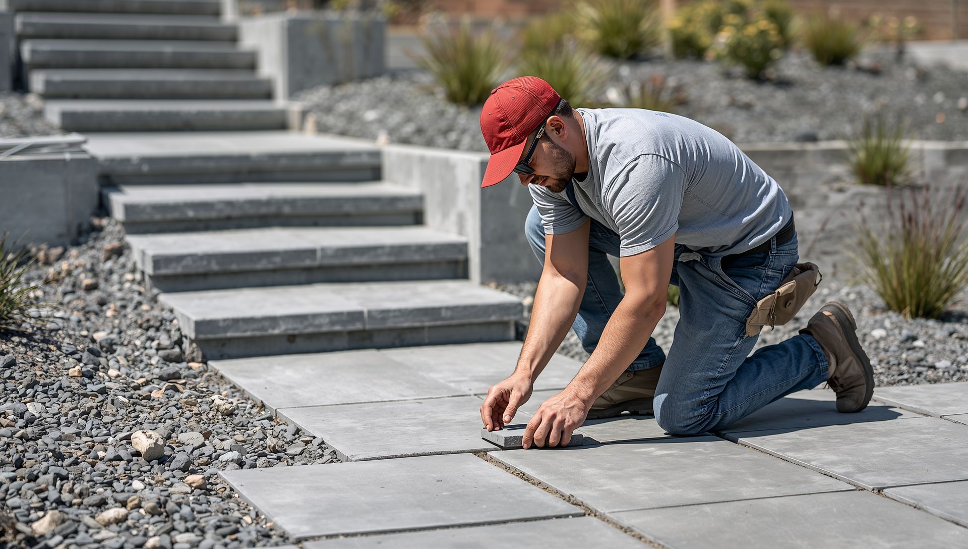 Paving contractor installing concrete pavers for a residential walkway. Paving contractor installing concrete pavers for a residential walkway.