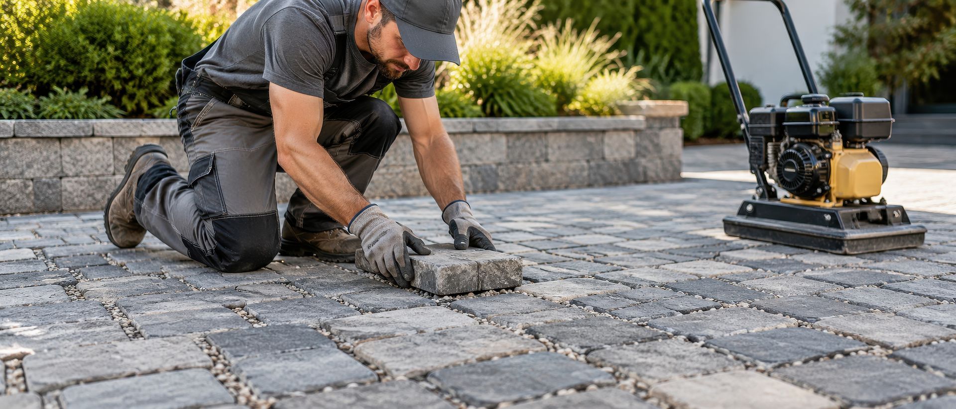 worker installs permeable pavers in a residential driveway
