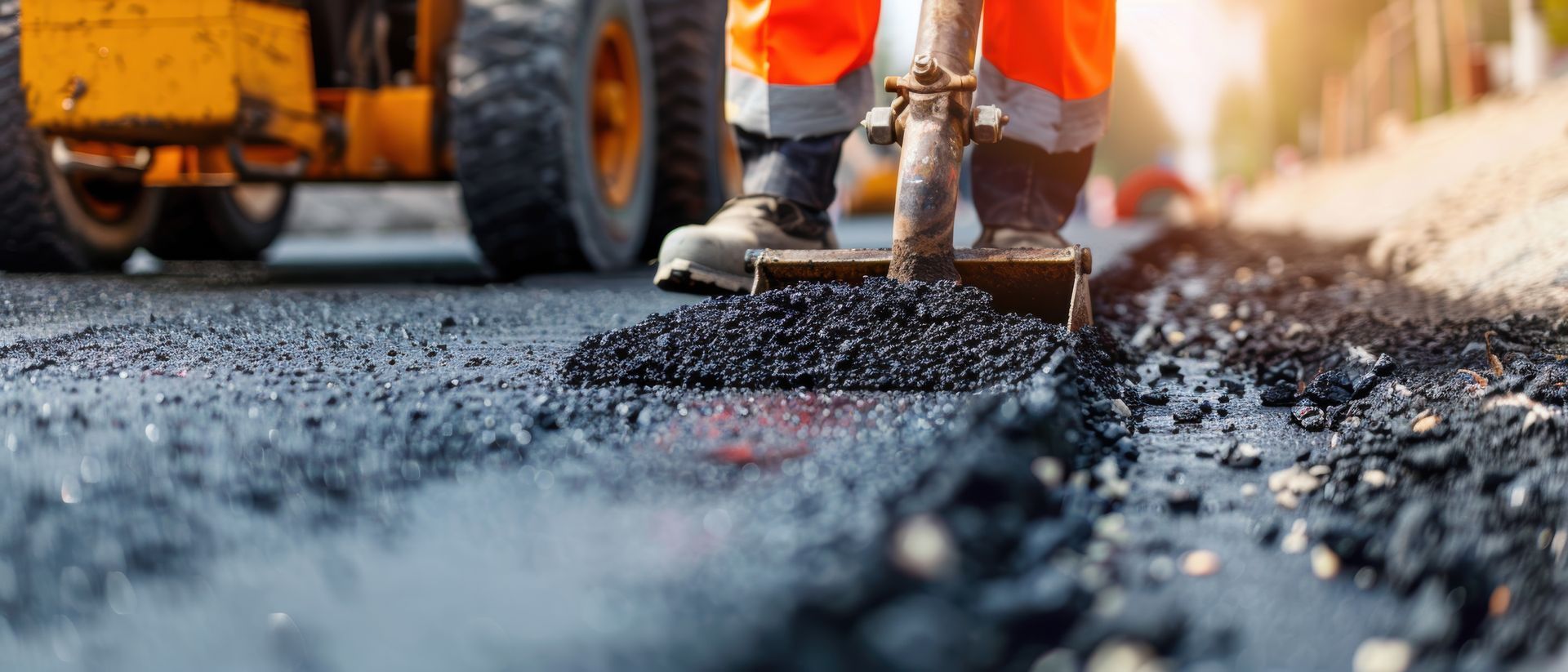 A worker rakes fresh asphalt beside heavy machinery.