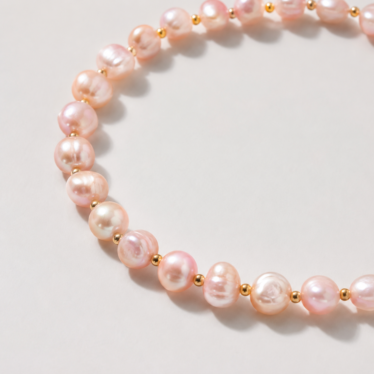 Roze zoetwaterparel armband met goudkleurige tussenkraaltjes op witte achtergrond