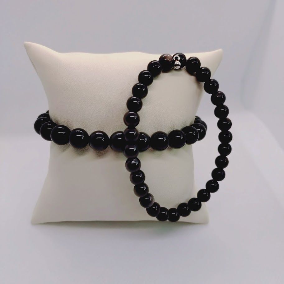 Matching armbandenset (2 stuks) van obsidiaankralen, 8mm en 6mm, geregen op elastiek