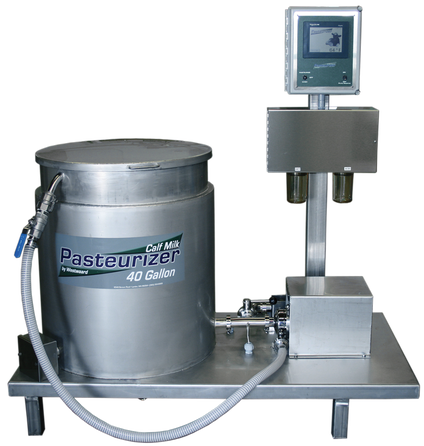A stainless steel pasteurizer with a hose attached to it