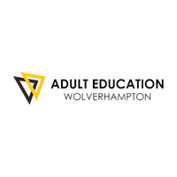 Adult Education Wolverhampton logo with yellow and black geometric triangle icon