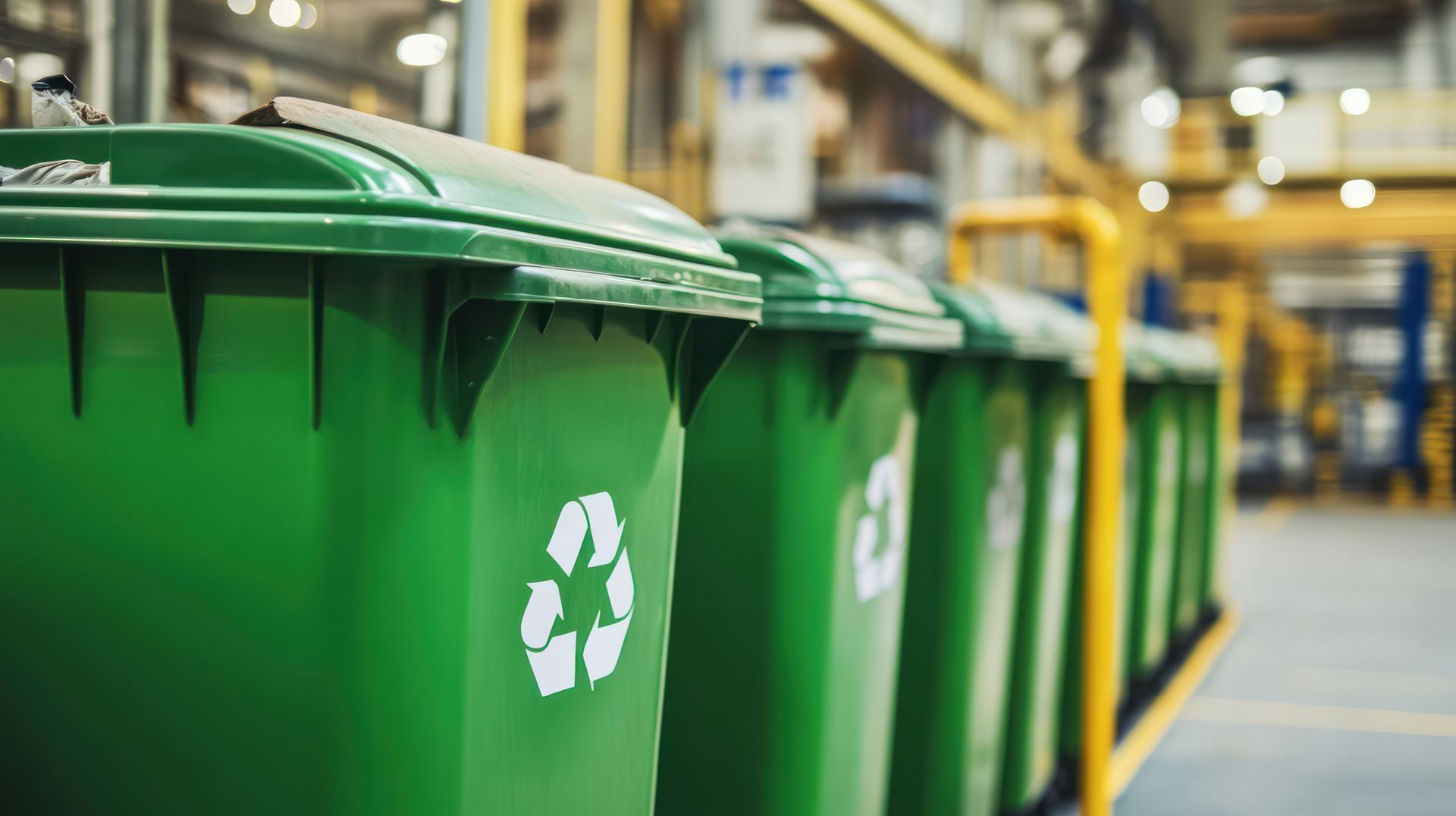 Green recycling bins lined up in a warehouse aisle with industrial shelving in the background