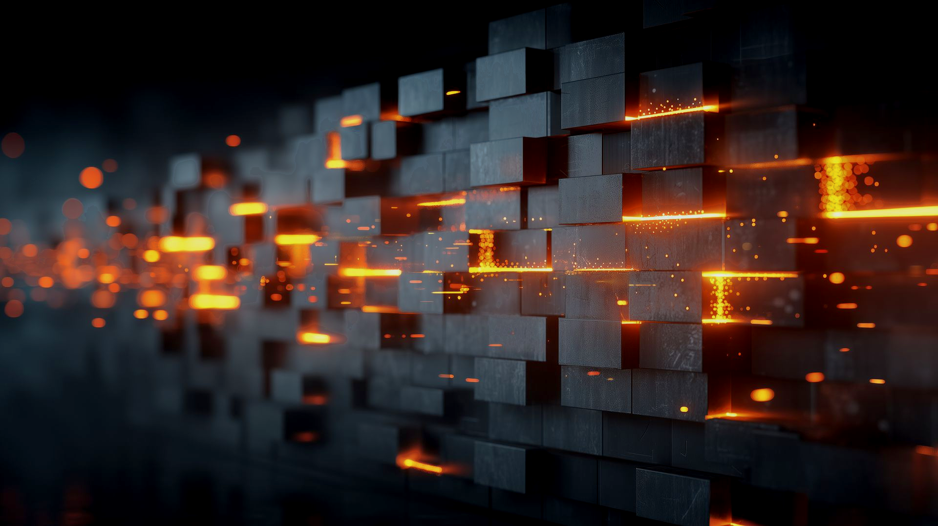 Abstract dark 3D blocks with glowing orange light streaks and sparks across the center