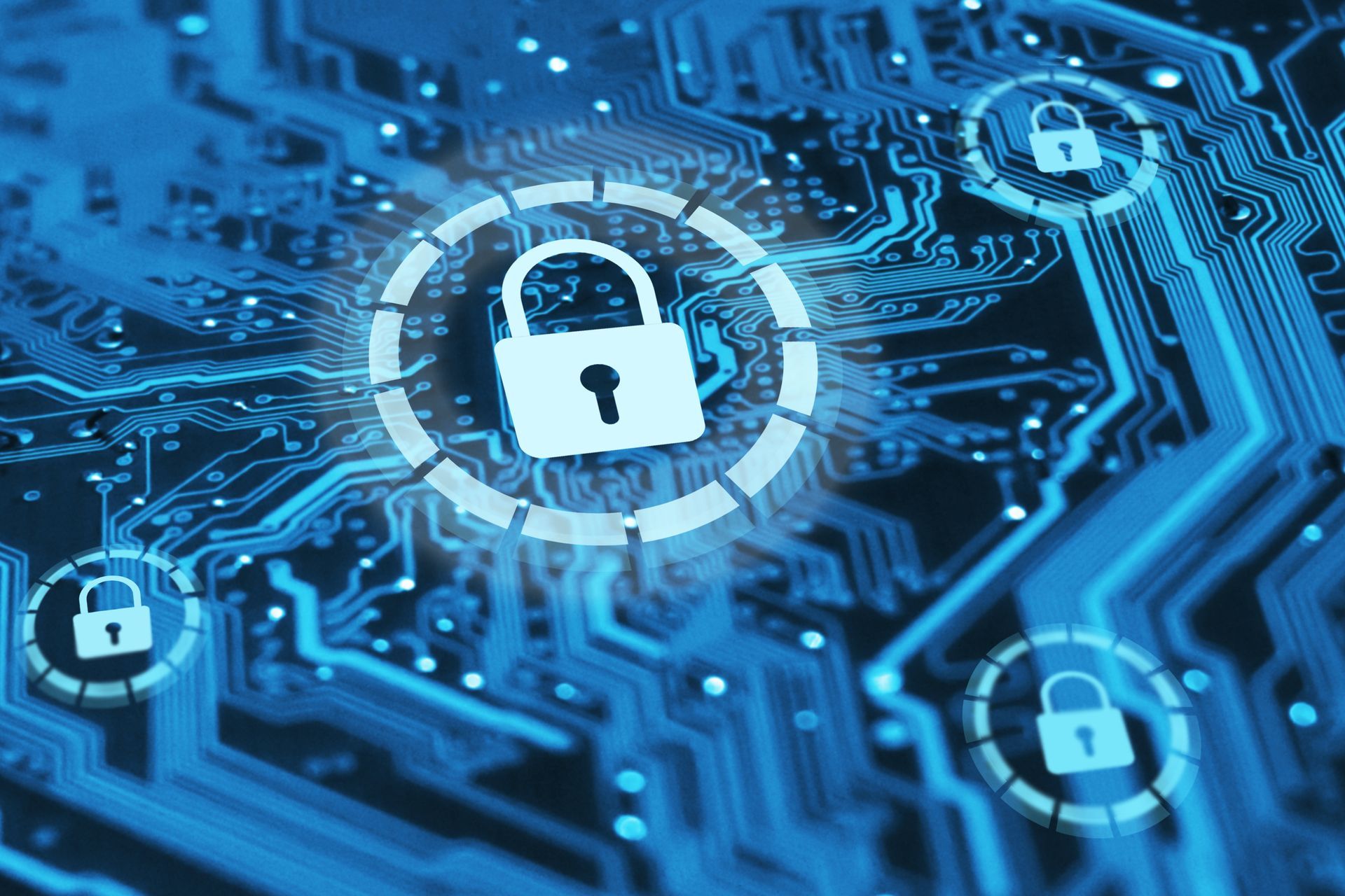 Digital cybersecurity graphic with glowing padlock icons on a blue circuit board background