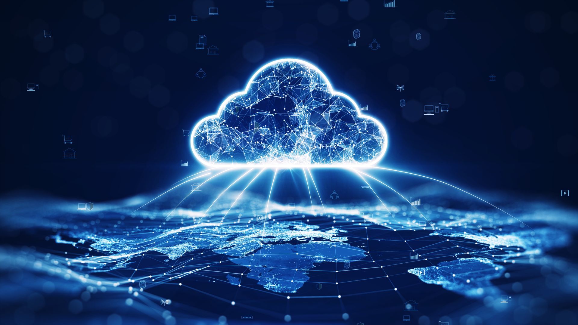 Glowing blue cloud over a digital network, with light beams streaming downward