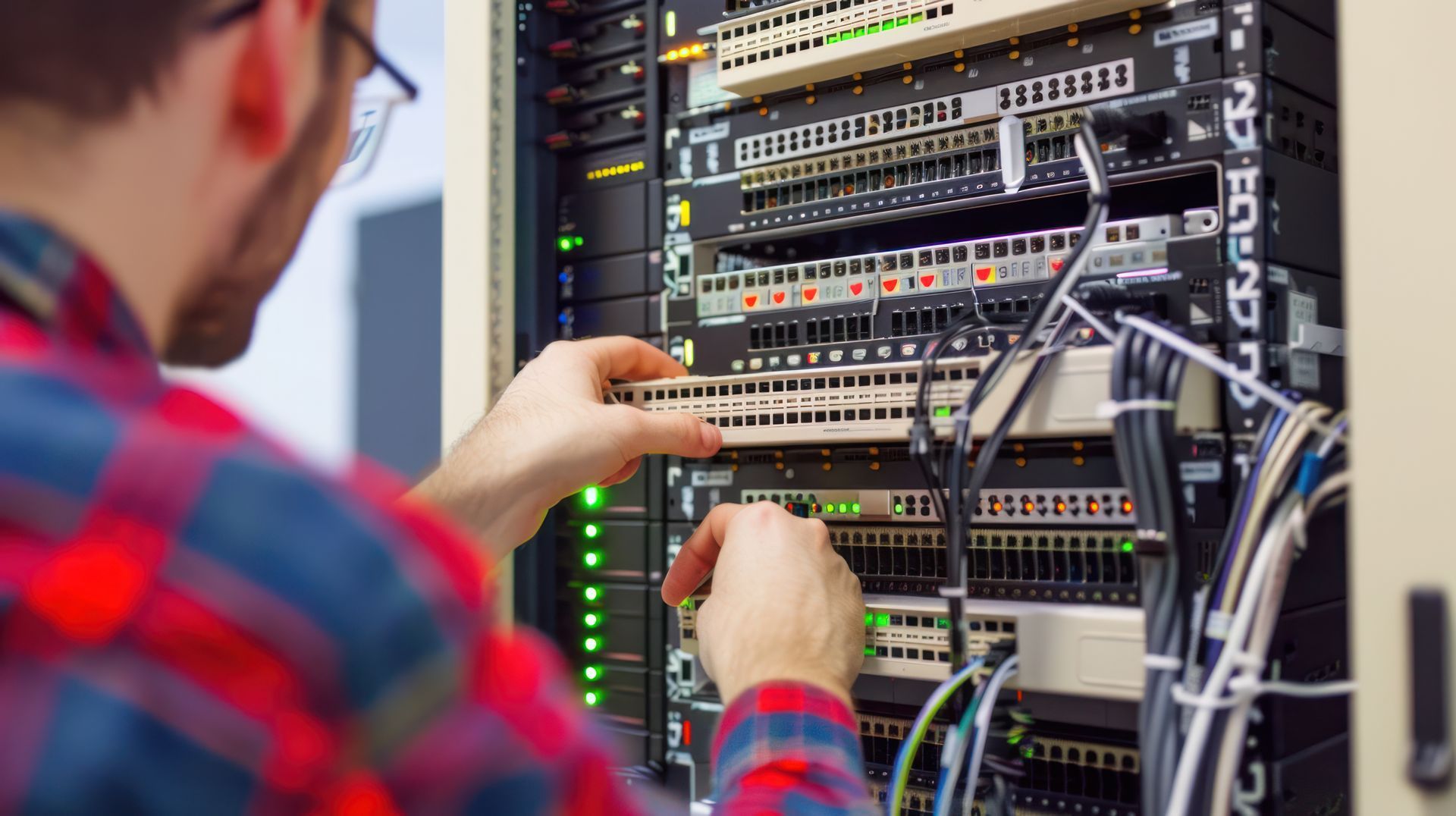 Technician adjusting network cables in a server rack, with blinking status lights and rows of equipment