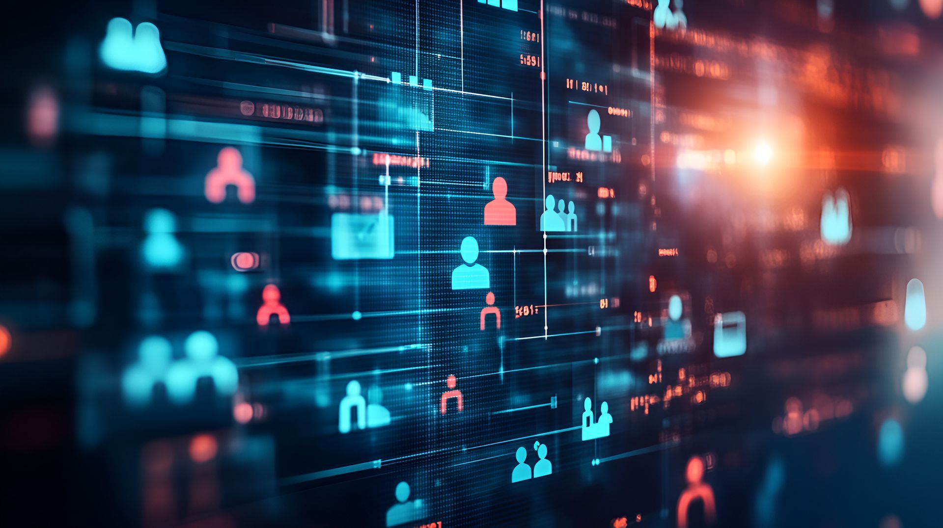 Glowing network of user icons and data lines on a dark digital interface