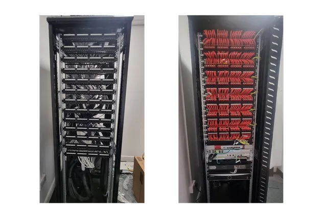 Two open server racks, one with black cables and one with red patch cables in a data center.