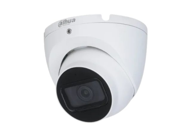 White dome security camera with black lens on a white background