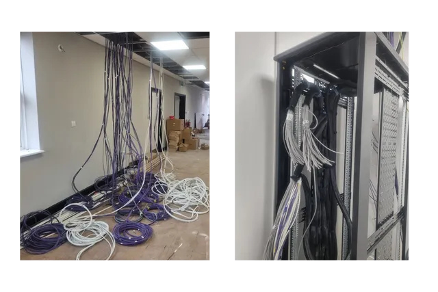 Messy cable bundles on the floor and packed into an open wall-mounted network rack