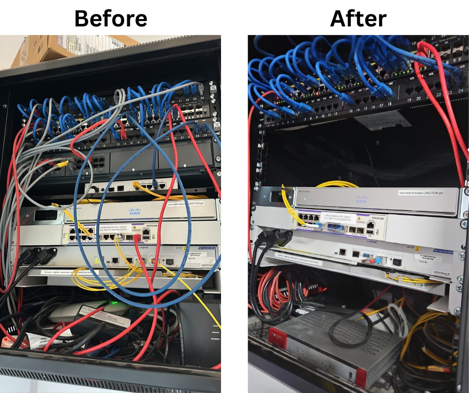 Before-and-after of a network rack cleanup, with tangled cables on the left and neatly organized cables on the right.