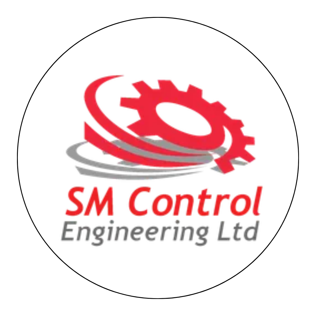 SM Control Engineering Ltd logo with red gear and swooshing lines on white background
