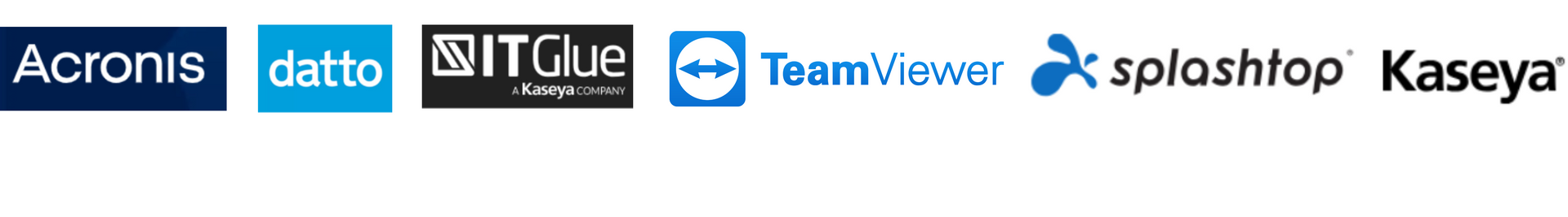 Logo strip showing Acronis, Datto, IT Glue, TeamViewer, Splashtop, and Kaseya brands